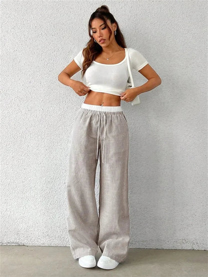 Women's Casual Striped Woven Wide Leg Pants Fall Winter 2024 Casual Stylish Full Length Trousers Y2K Clothes Streetwear