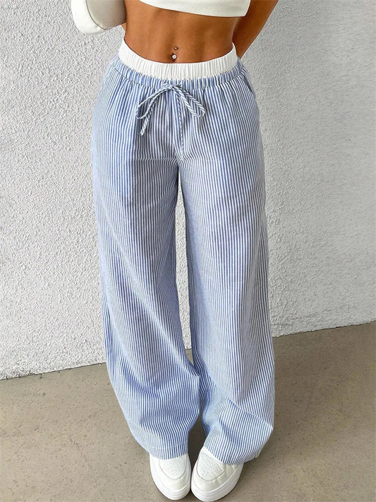 Women's Casual Striped Woven Wide Leg Pants Fall Winter 2024 Casual Stylish Full Length Trousers Y2K Clothes Streetwear