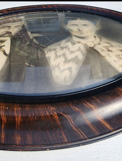 Antique Sepia Portrait In Convex Glass & Tiger Wood. 24.5" x 18.5" Frame