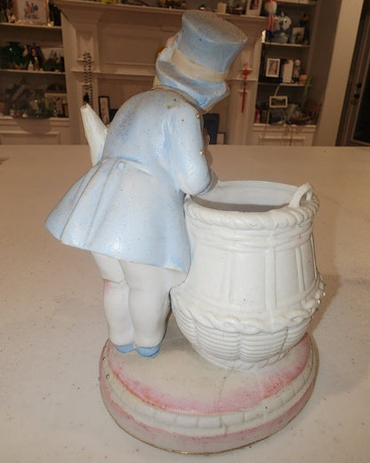 Occupied Japan Paul Ux Victorian Boy w Cockatoo and basket in pink blue and Gold