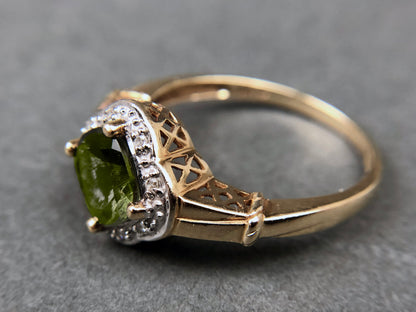 Vintage 10k Gold Ring with Natural Green Peridot and Diamond Halo. Gift for Her.