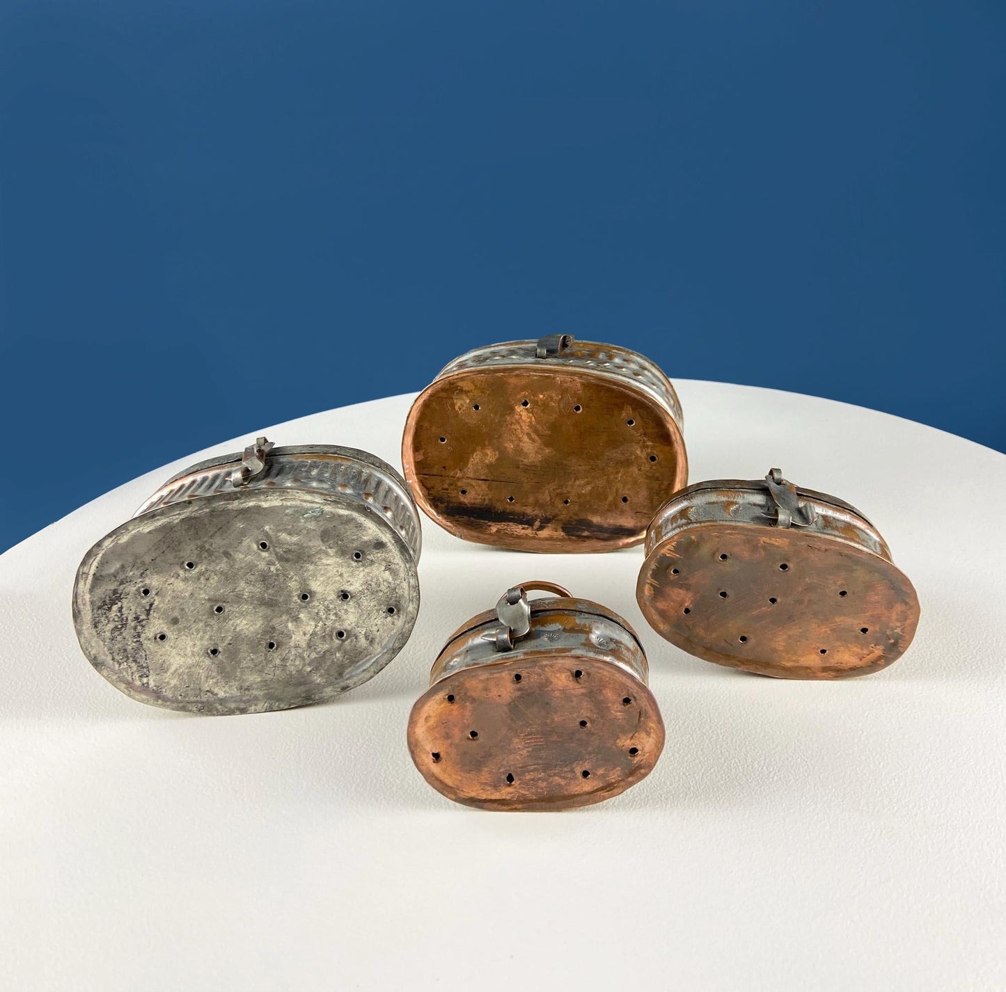 Hand Pounded Copper Cricket Boxes with Hinged Lids. Set of 4 Oval Metal Boxes with Perforated Bases. Rustic Collection of Containers.