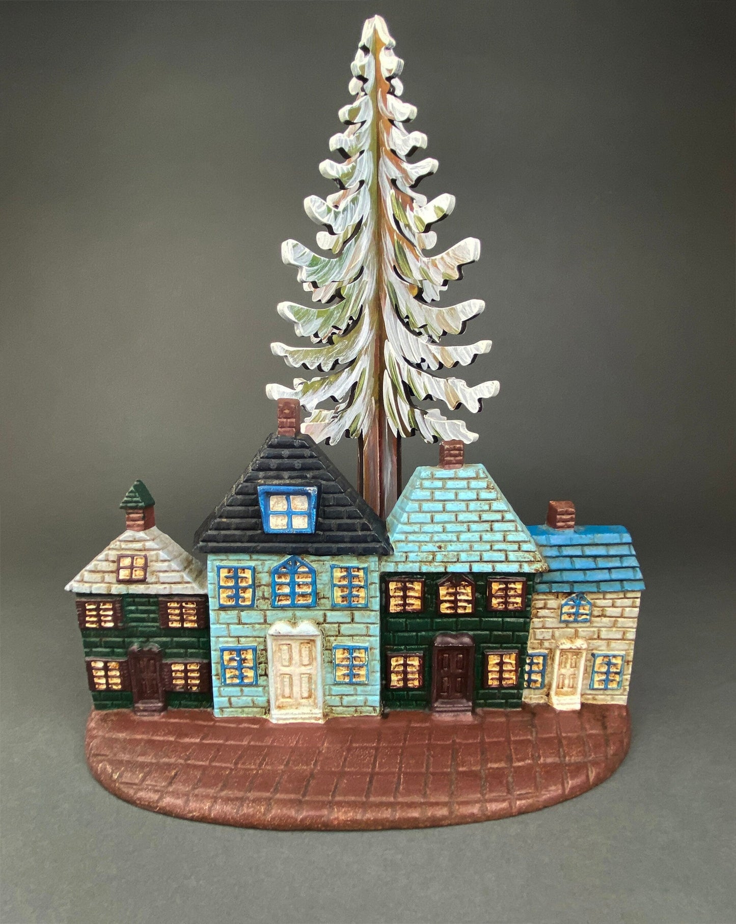 Vintage Cast Iron Door Stopper Shaped like Row of Houses
