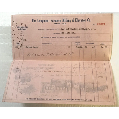Antique 1921 Longmont Farmers Milling Voucher Check Unearthed
