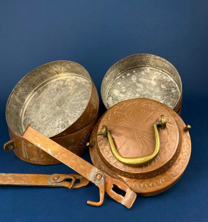Antique 19th - century Copper and Brass Turkish 4 Stacking Bowls Lunch Box with Handle. Vintage Gifts. - I Bought a Yard Sale