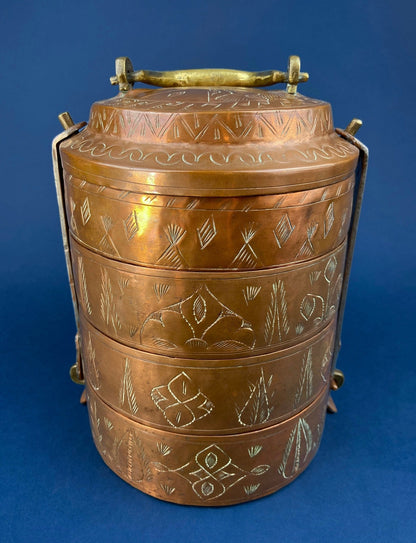 Antique 19th - century Copper and Brass Turkish 4 Stacking Bowls Lunch Box with Handle. Vintage Gifts. - I Bought a Yard Sale