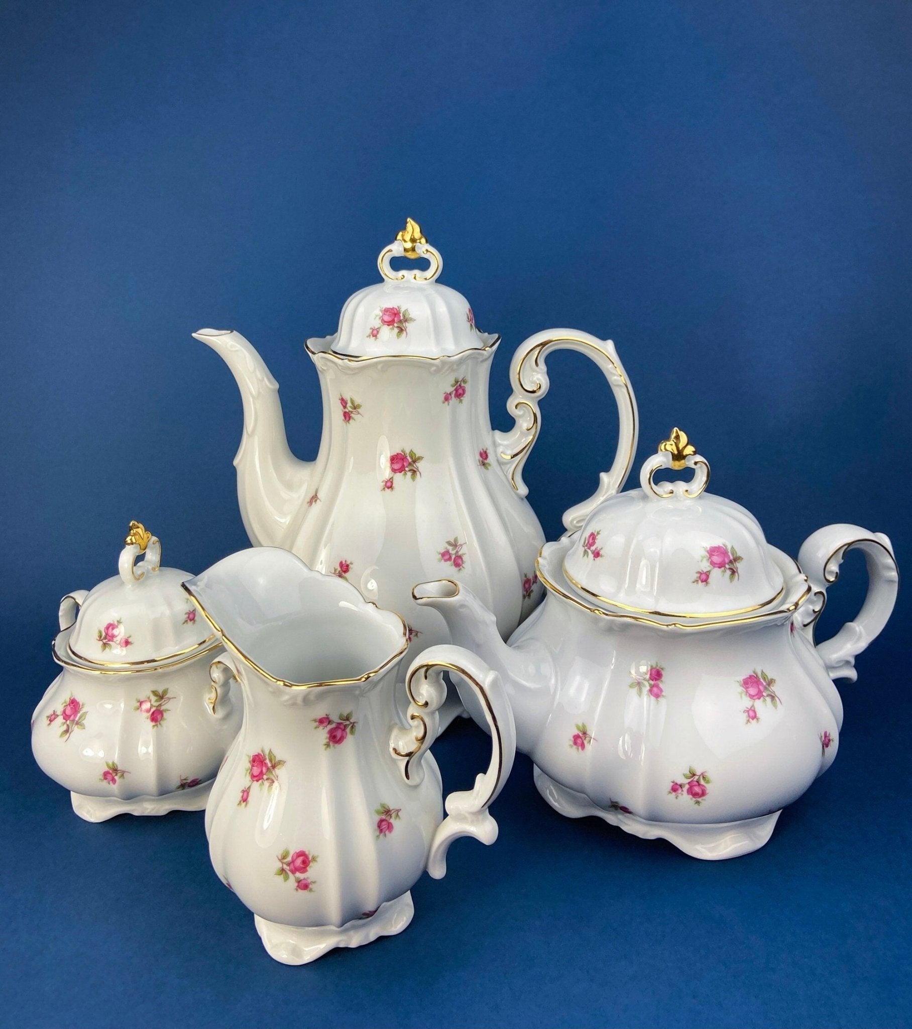 Antique Bavarian Teapot, Coffee Pot, Creamer, Sugar Bowl Set by Hertel Jacob Porcelain Co. - I Bought a Yard Sale