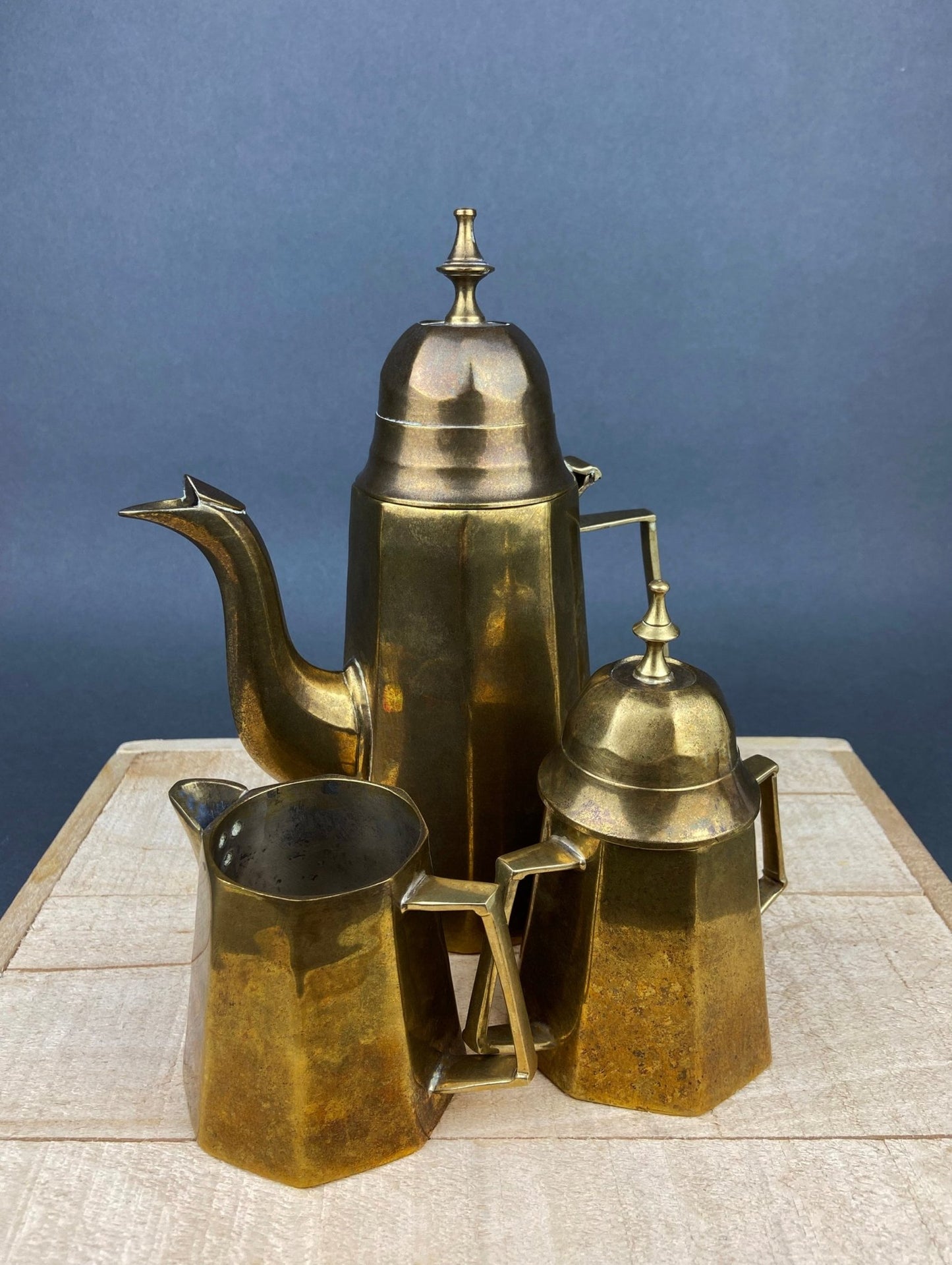 Antique Brass Coffee Set with Coffee Pot, Creamer & Sugar Bowl. Heavy Brass Pots with Handles. Kitchen Accessories. - I Bought a Yard Sale