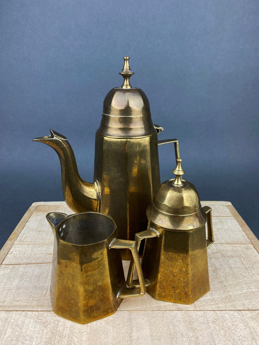 Antique Brass Coffee Set with Coffee Pot, Creamer & Sugar Bowl. Heavy Brass Pots with Handles. Kitchen Accessories. - I Bought a Yard Sale