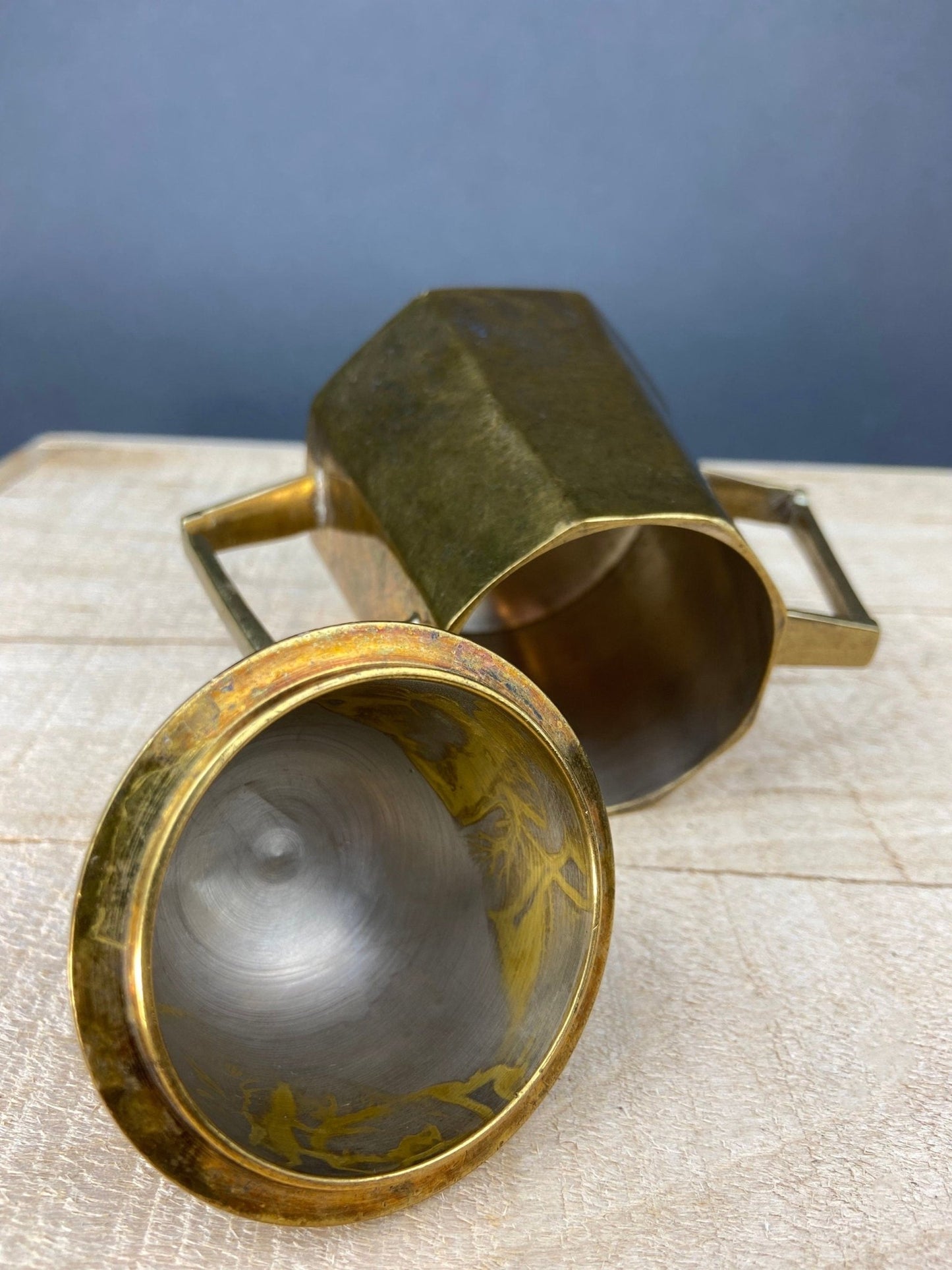 Antique Brass Creamer and Sugar Dish. Heavy Brass Containers with Handles. Kitchen Accessories. - I Bought a Yard Sale