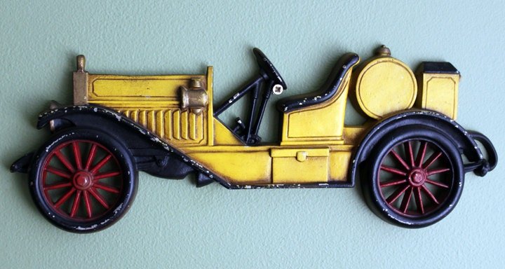 Antique Cast Metal Yellow Car. Wall Hanging Rustic Home Decoration. Ready to Hang. Made by Sexton, USA. - I Bought a Yard Sale