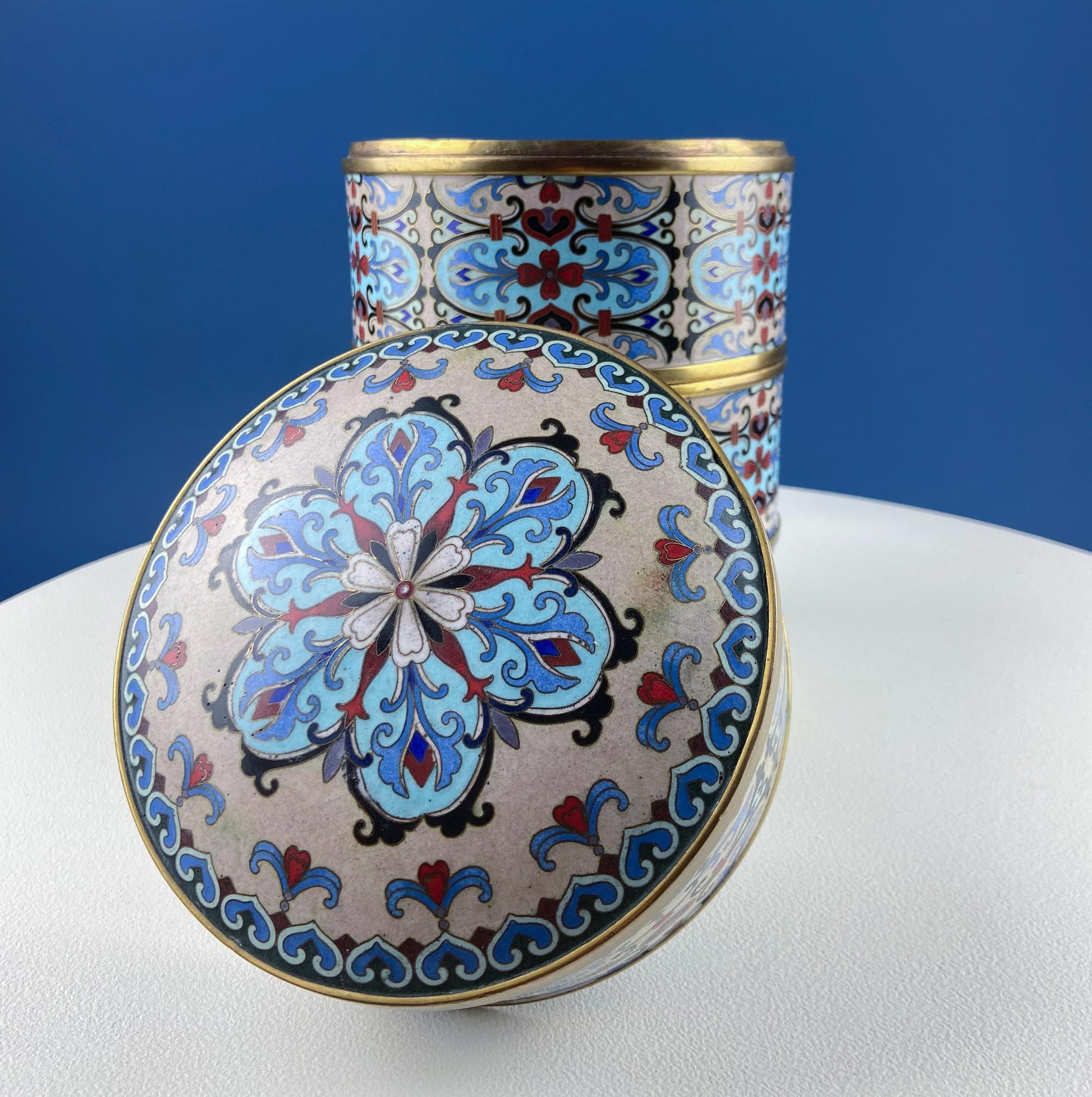 Antique Chinese Cloisonne Stackable Boxes. Set of 4 Bowls. Brass Trims. Food Carrier Trinket Storage. Ethnic Art. Asian Ethnic Home Decor. - I Bought a Yard Sale