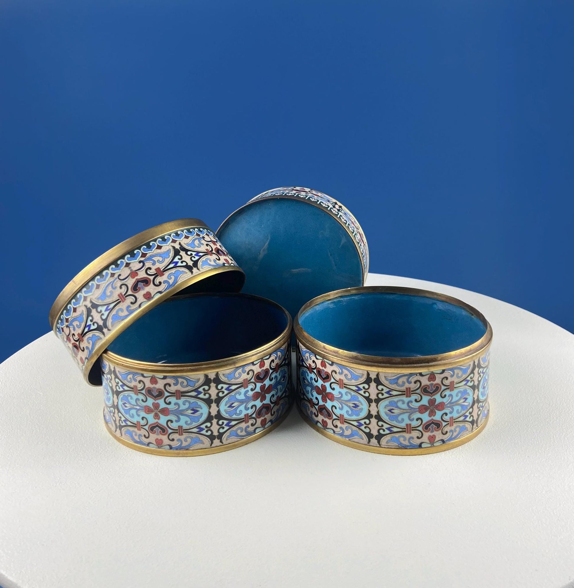 Antique Chinese Cloisonne Stackable Boxes. Set of 4 Bowls. Brass Trims. Food Carrier Trinket Storage. Ethnic Art. Asian Ethnic Home Decor. - I Bought a Yard Sale