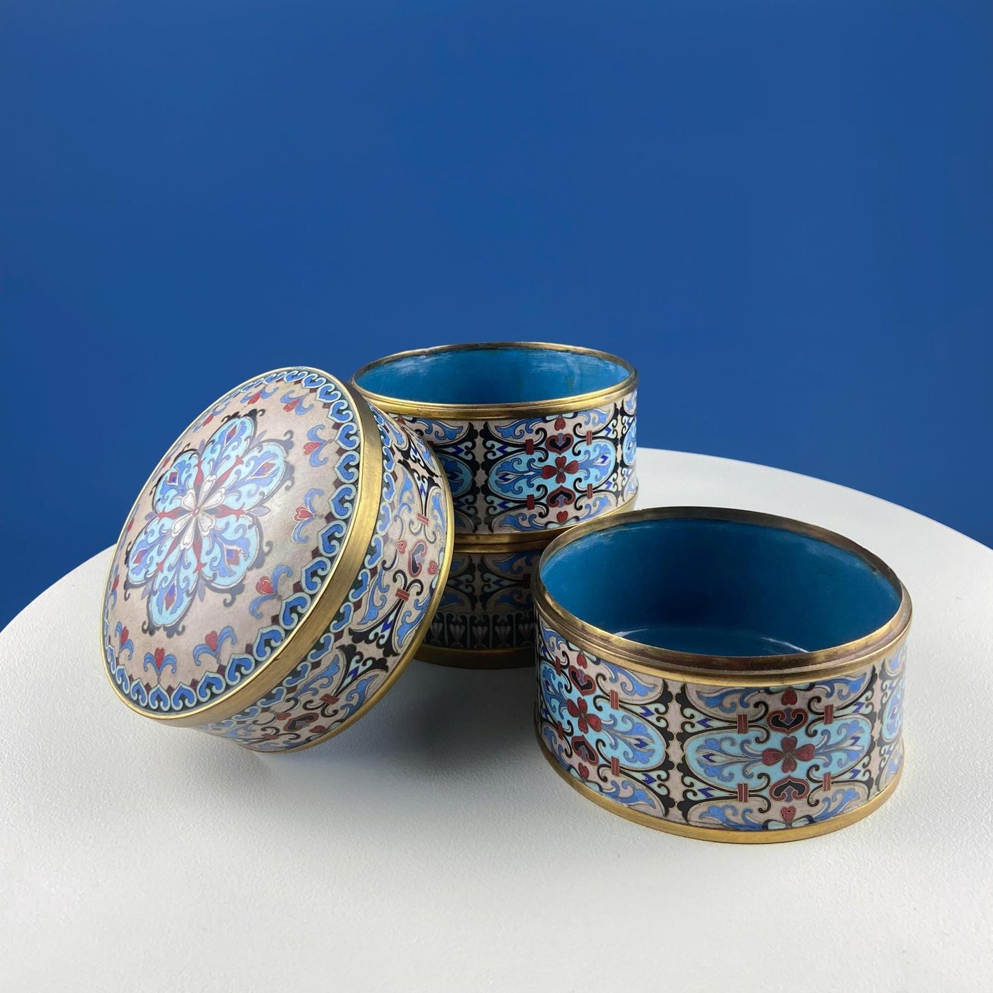 Antique Chinese Cloisonne Stackable Boxes. Set of 4 Bowls. Brass Trims. Food Carrier Trinket Storage. Ethnic Art. Asian Ethnic Home Decor. - I Bought a Yard Sale