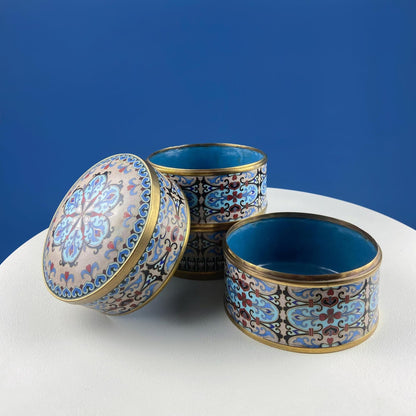 Antique Chinese Cloisonne Stackable Boxes. Set of 4 Bowls. Brass Trims. Food Carrier Trinket Storage. Ethnic Art. Asian Ethnic Home Decor. - I Bought a Yard Sale