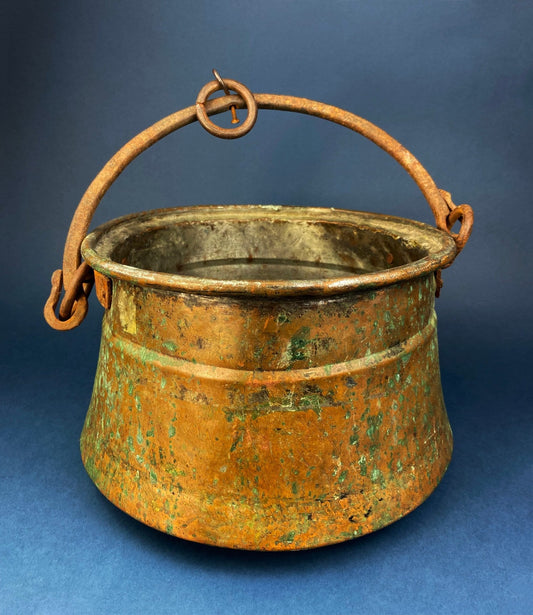 Antique Copper Cauldron. Large Hand Pounded Bucket with Wrought Iron Handle. Hand Hammered Fire Wood Scuttle. Rustic Home Decor. - I Bought a Yard Sale