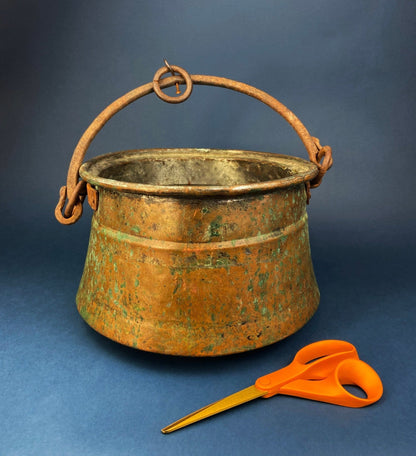 Antique Copper Cauldron. Large Hand Pounded Bucket with Wrought Iron Handle. Hand Hammered Fire Wood Scuttle. Rustic Home Decor. - I Bought a Yard Sale