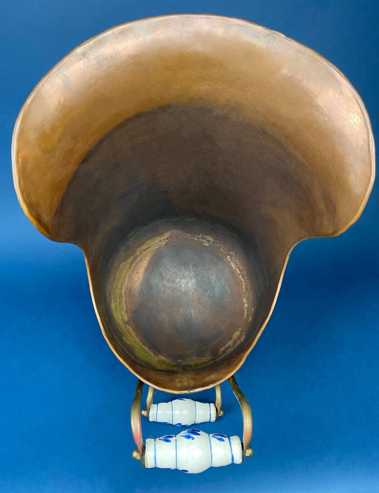 Antique Copper Cauldron with Brass Bottom & Ceramic Handles. Hand Hammered Scuttle for Firewood. Rustic Home Decor. - I Bought a Yard Sale