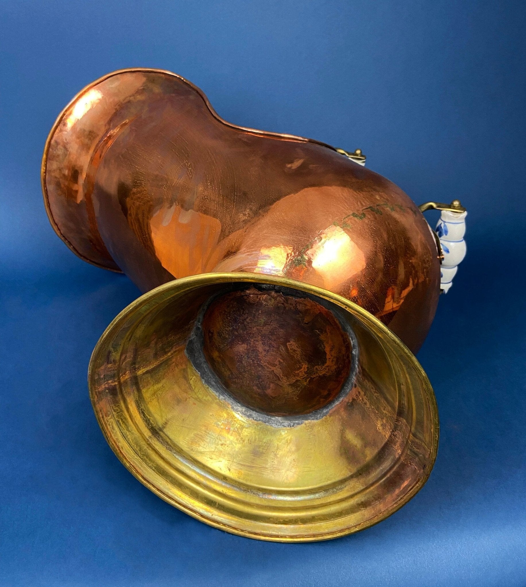 Antique Copper Cauldron with Brass Bottom & Ceramic Handles. Hand Hammered Scuttle for Firewood. Rustic Home Decor. - I Bought a Yard Sale