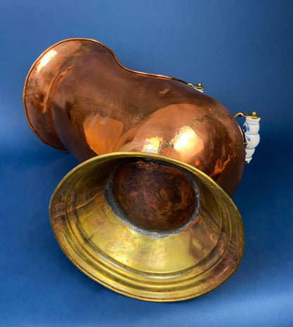 Antique Copper Cauldron with Brass Bottom & Ceramic Handles. Hand Hammered Scuttle for Firewood. Rustic Home Decor. - I Bought a Yard Sale