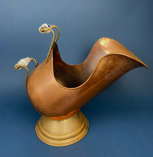 Antique Copper Cauldron with Brass Bottom & Ceramic Handles. Hand Hammered Scuttle for Firewood. Rustic Home Decor. - I Bought a Yard Sale