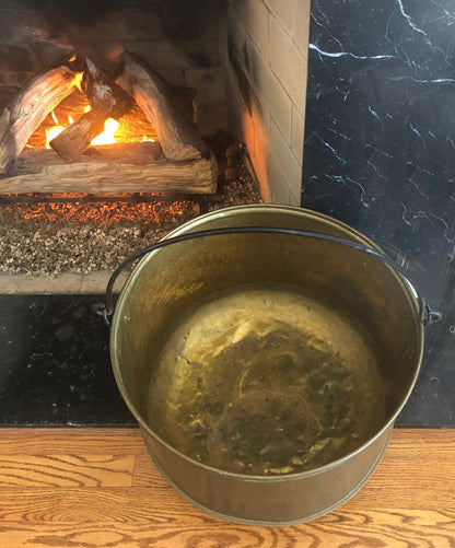 Antique Copper Cauldron with Brass Bottom & Ceramic Handles. Hand Hammered Scuttle for Firewood. Rustic Home Decor. - I Bought a Yard Sale