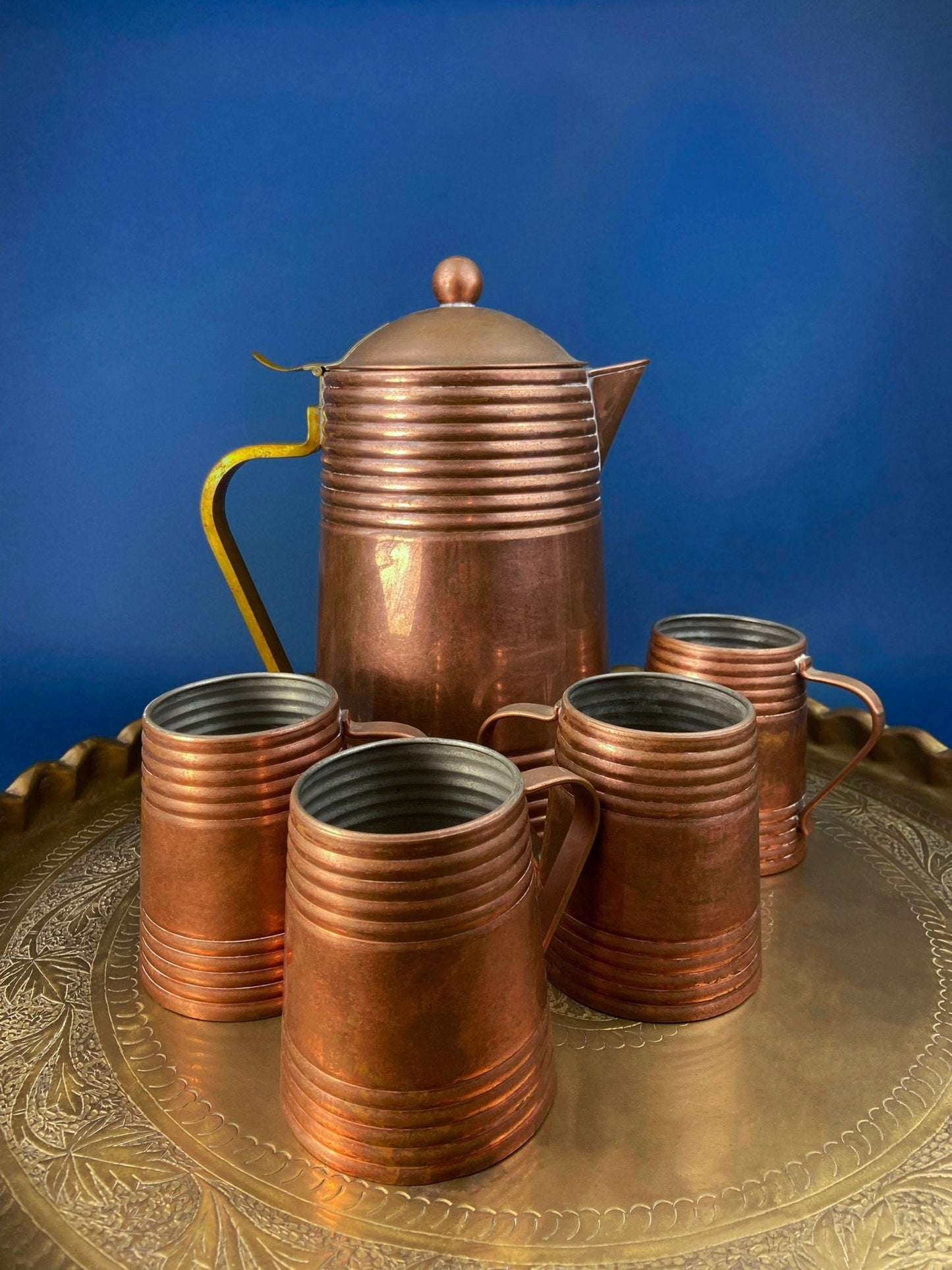 Antique Copper Pitcher and 4 Mugs. Revere Metal Ware, Rome, NY. Solid Copper with Brass Handle. Beer Mugs. Vintage Gifts for Him. - I Bought a Yard Sale