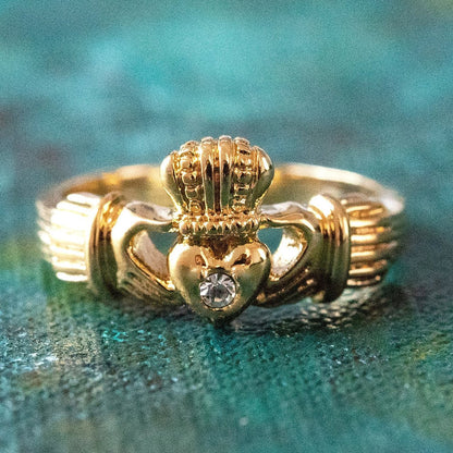 Antique Dainty Claddagh Ring Clear Swarovski Crystal 18k Irish Gold Womans Jewelry Claddagh Rings R3443 by PVD Vintage Jewelry - I Bought a Yard Sale