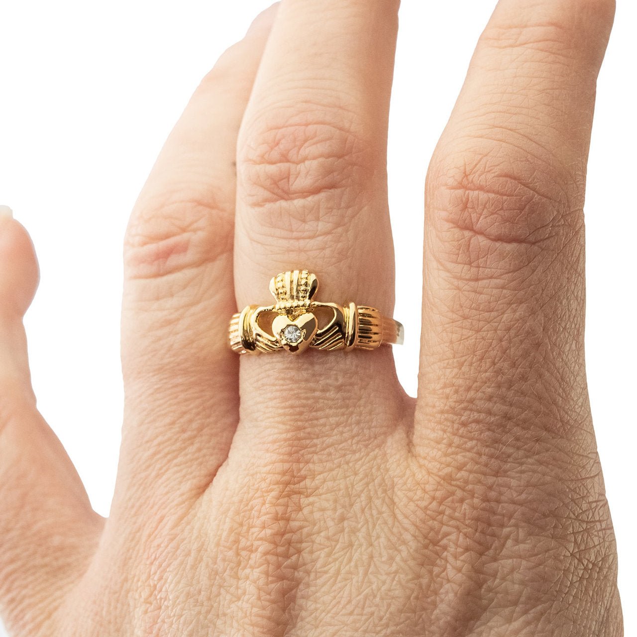 Antique Dainty Claddagh Ring Clear Swarovski Crystal 18k Irish Gold Womans Jewelry Claddagh Rings R3443 by PVD Vintage Jewelry - I Bought a Yard Sale