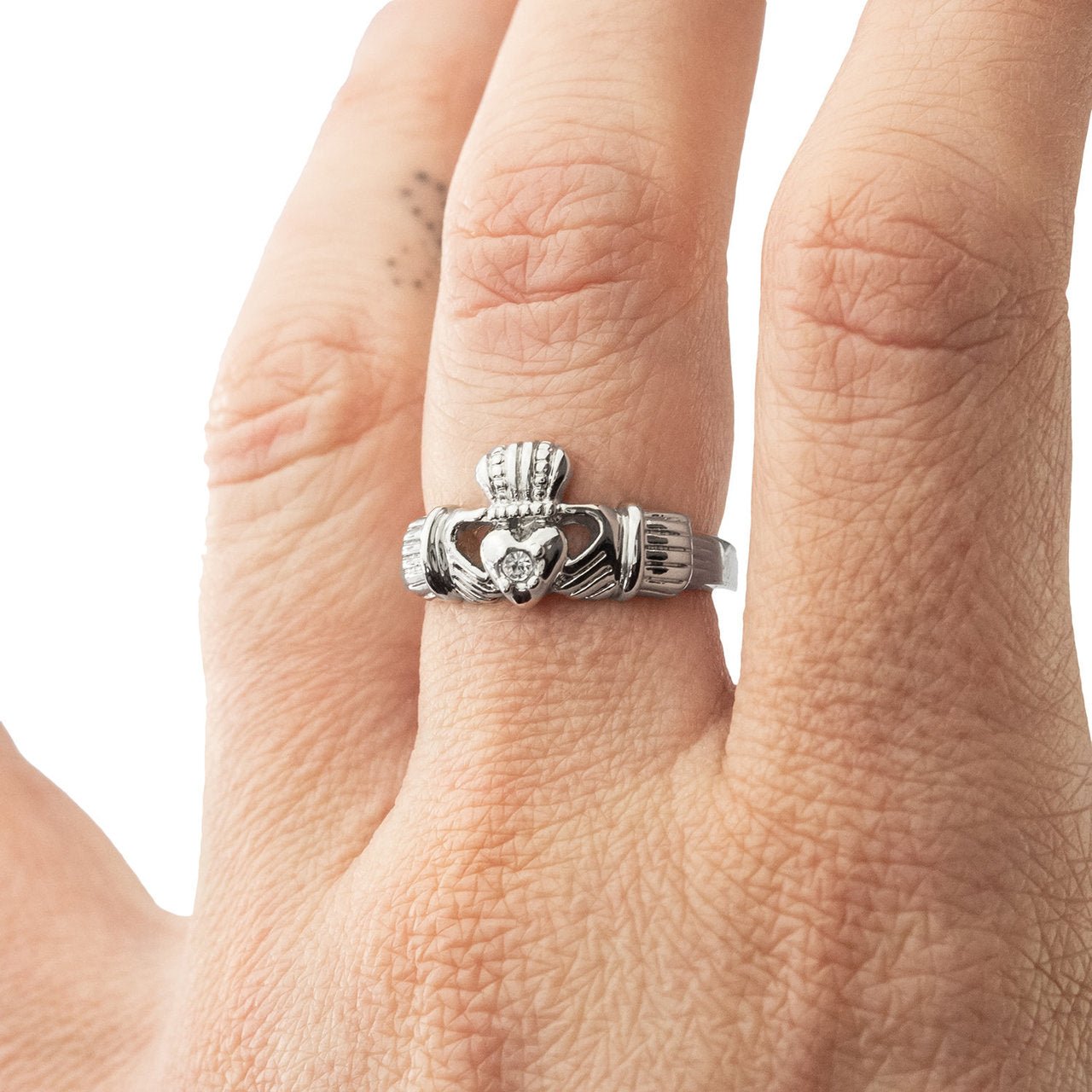 Antique Dainty Claddagh Ring Clear Swarovski Crystal 18k Irish Gold Womans Jewelry Claddagh Rings R3443 by PVD Vintage Jewelry - I Bought a Yard Sale