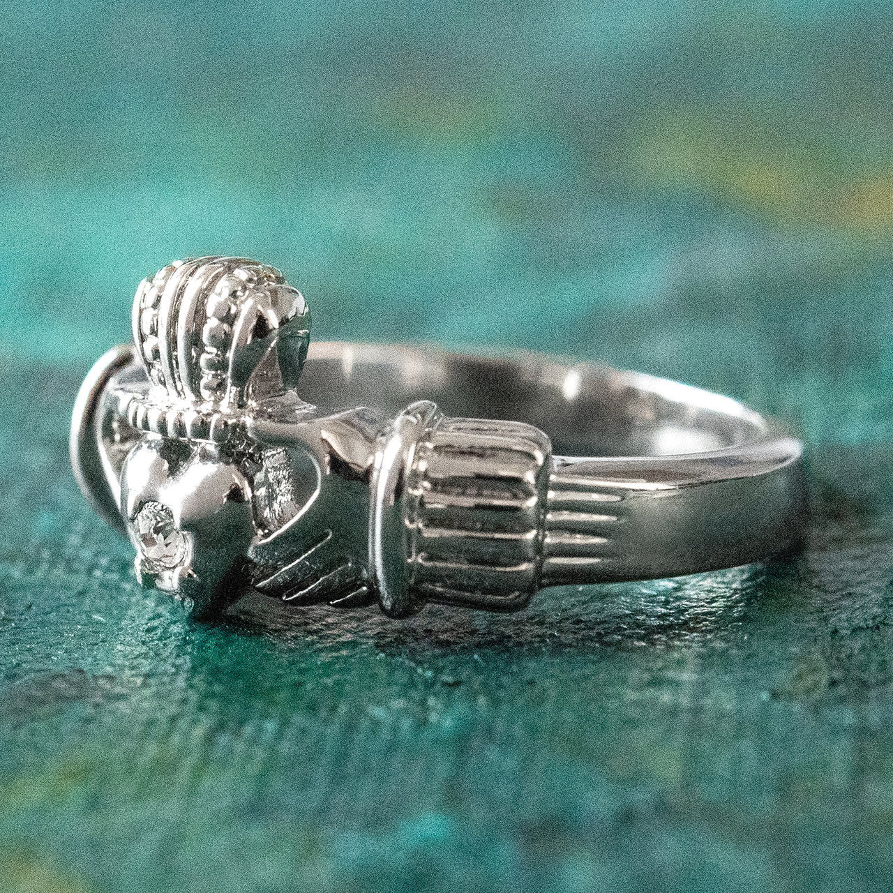 Antique Dainty Claddagh Ring Clear Swarovski Crystal 18k Irish Gold Womans Jewelry Claddagh Rings R3443 by PVD Vintage Jewelry - I Bought a Yard Sale