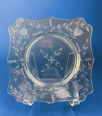 Antique Etched Glass Dessert Plates or Salad Plates. Set of Seven Square Serving Plates with Scalloped Edges. Fine Dining. Glass Tableware. - I Bought a Yard Sale