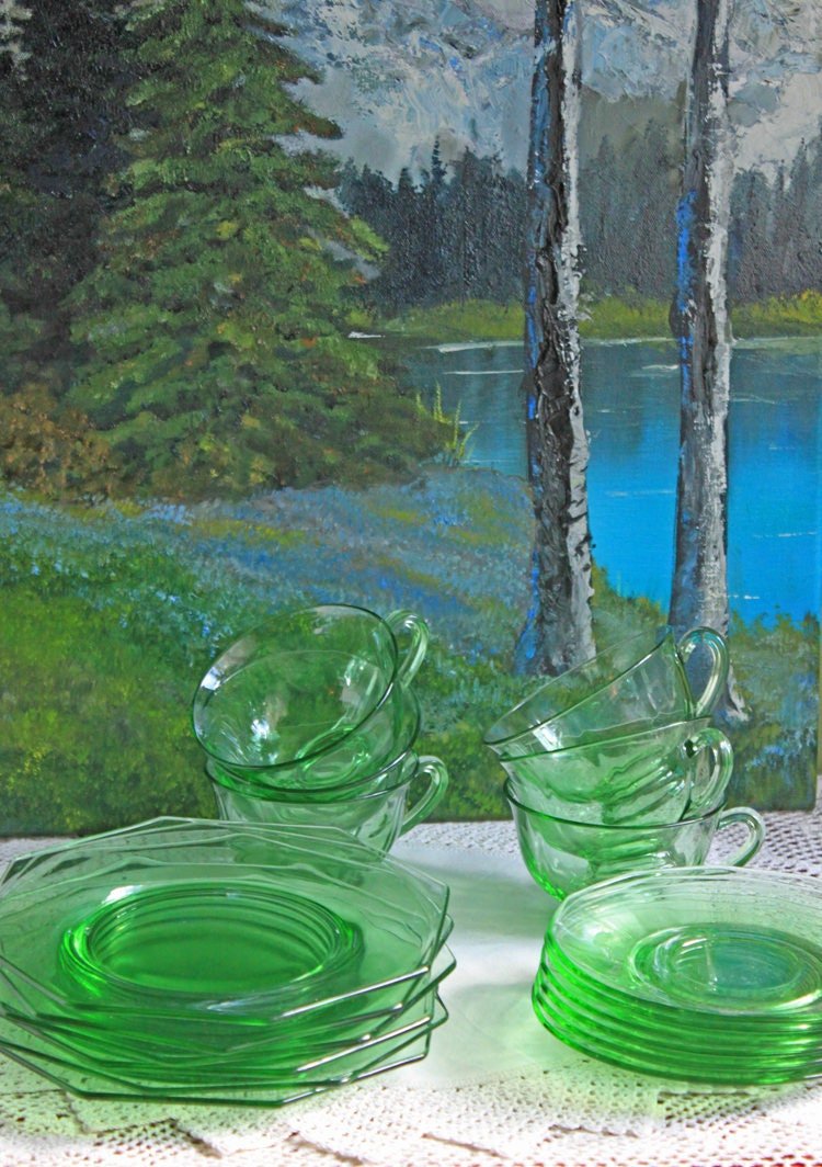 Antique Etched Glass Dessert Plates or Salad Plates. Set of Seven Square Serving Plates with Scalloped Edges. Fine Dining. Glass Tableware. - I Bought a Yard Sale