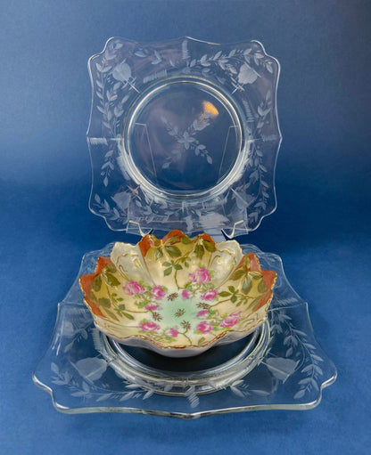 Antique Etched Glass Dessert Plates or Salad Plates. Set of Seven Square Serving Plates with Scalloped Edges. Fine Dining. Glass Tableware. - I Bought a Yard Sale