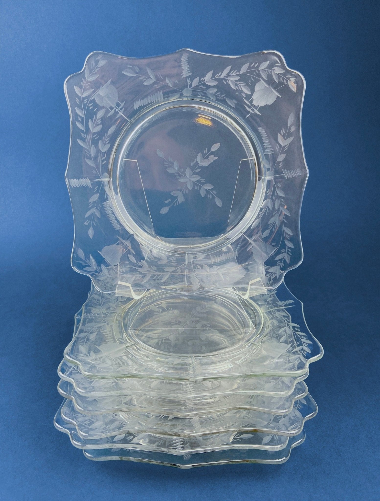 Antique Etched Glass Dessert Plates or Salad Plates. Set of Seven Square Serving Plates with Scalloped Edges. Fine Dining. Glass Tableware. - I Bought a Yard Sale
