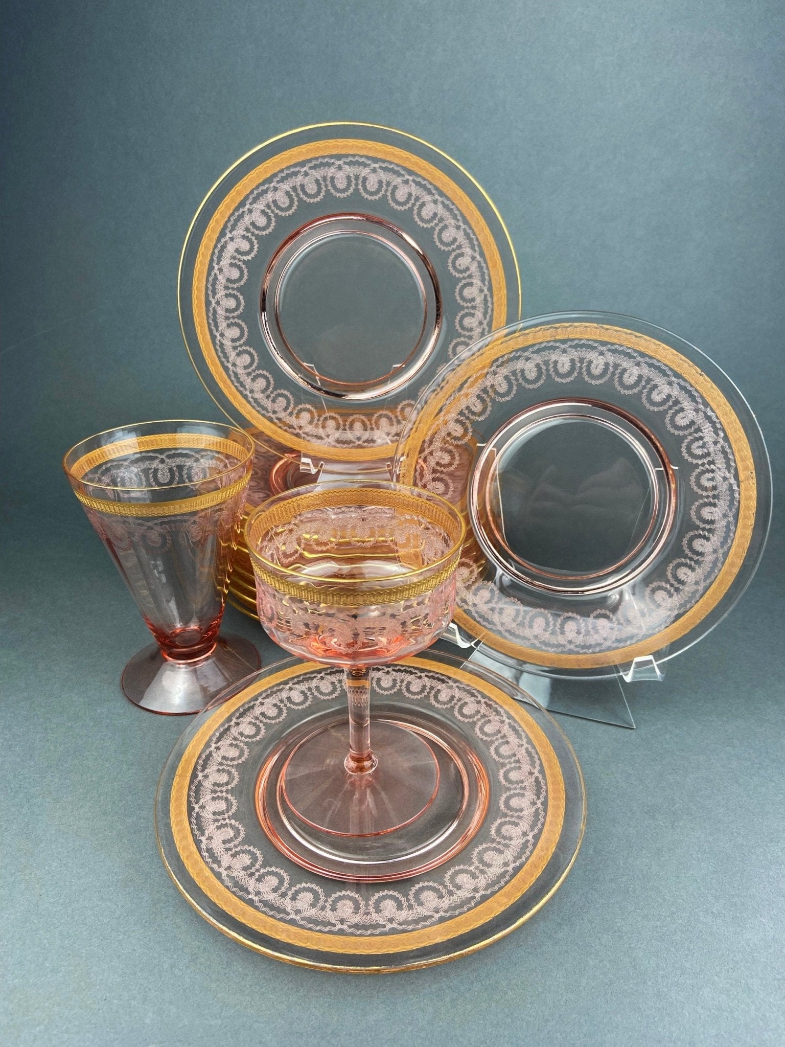 Antique Etched Glass Dessert Plates or Salad Plates. Set of Seven Square Serving Plates with Scalloped Edges. Fine Dining. Glass Tableware. - I Bought a Yard Sale