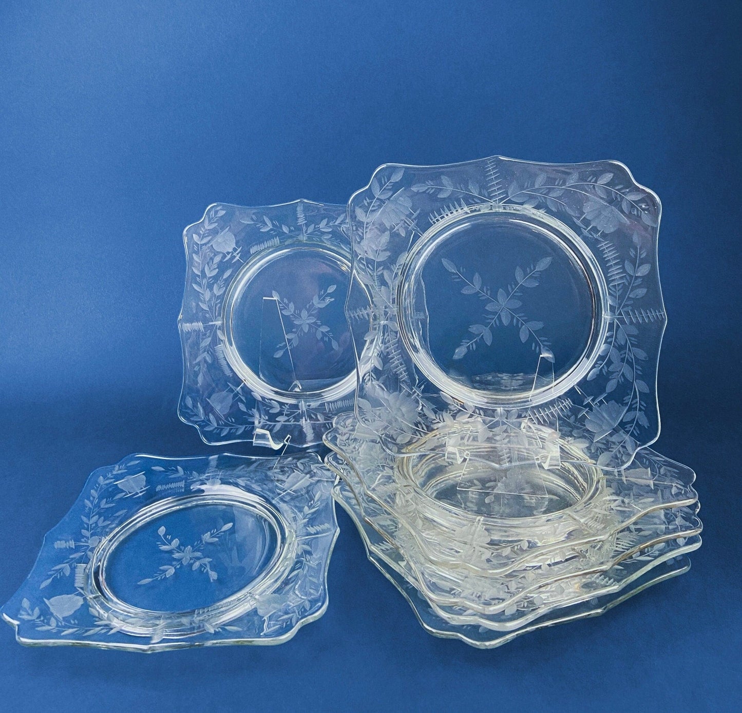 Antique Etched Glass Dessert Plates or Salad Plates. Set of Seven Square Serving Plates with Scalloped Edges. Fine Dining. Glass Tableware. - I Bought a Yard Sale
