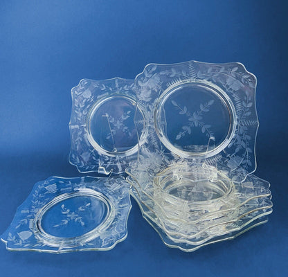 Antique Etched Glass Dessert Plates or Salad Plates. Set of Seven Square Serving Plates with Scalloped Edges. Fine Dining. Glass Tableware. - I Bought a Yard Sale