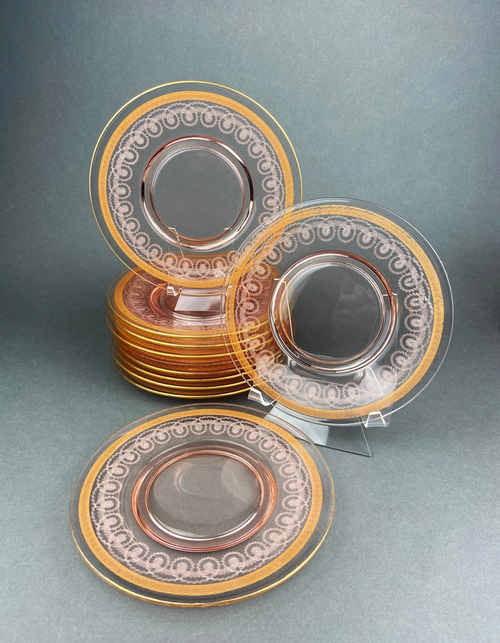 Antique Etched Glass Dessert Plates or Salad Plates. Set of Seven Square Serving Plates with Scalloped Edges. Fine Dining. Glass Tableware. - I Bought a Yard Sale