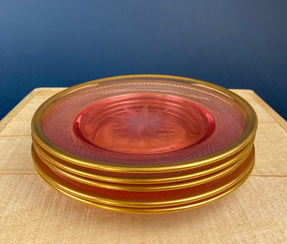 Antique Etched Pink Glass Dessert/Salad Plates With Gold Rims. Set of Five. Etched Star & Waffle Brim. Holiday Dining. Fine Dining. - I Bought a Yard Sale