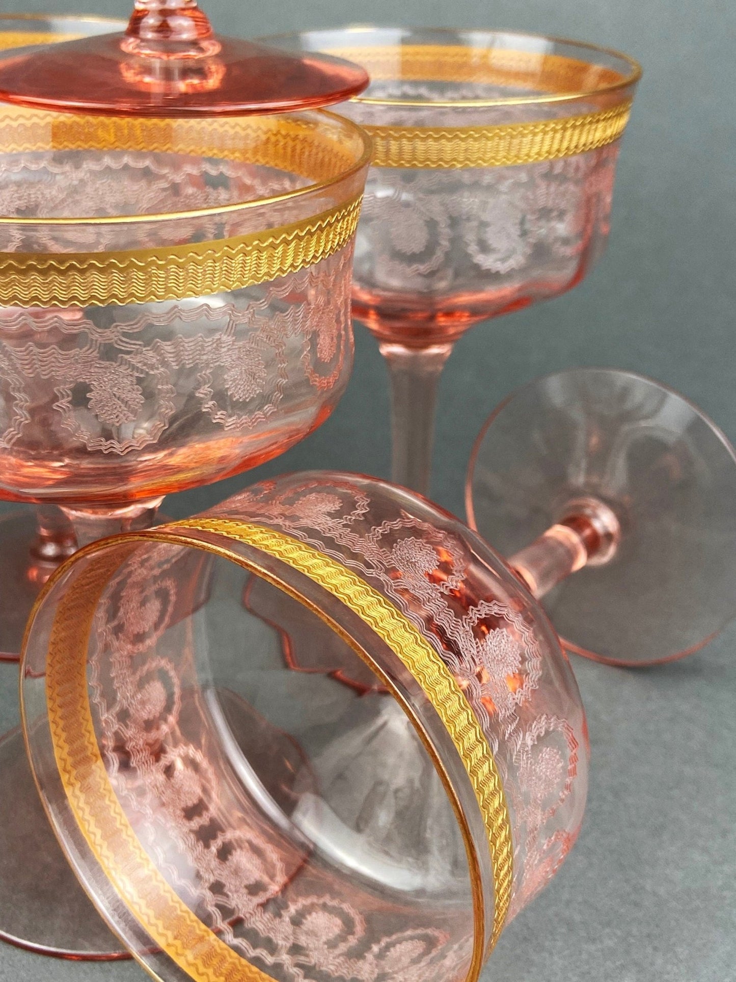 Antique Etched Pink Glass Dessert/Salad Plates With Gold Rims. Set of Five. Etched Star & Waffle Brim. Holiday Dining. Fine Dining. - I Bought a Yard Sale