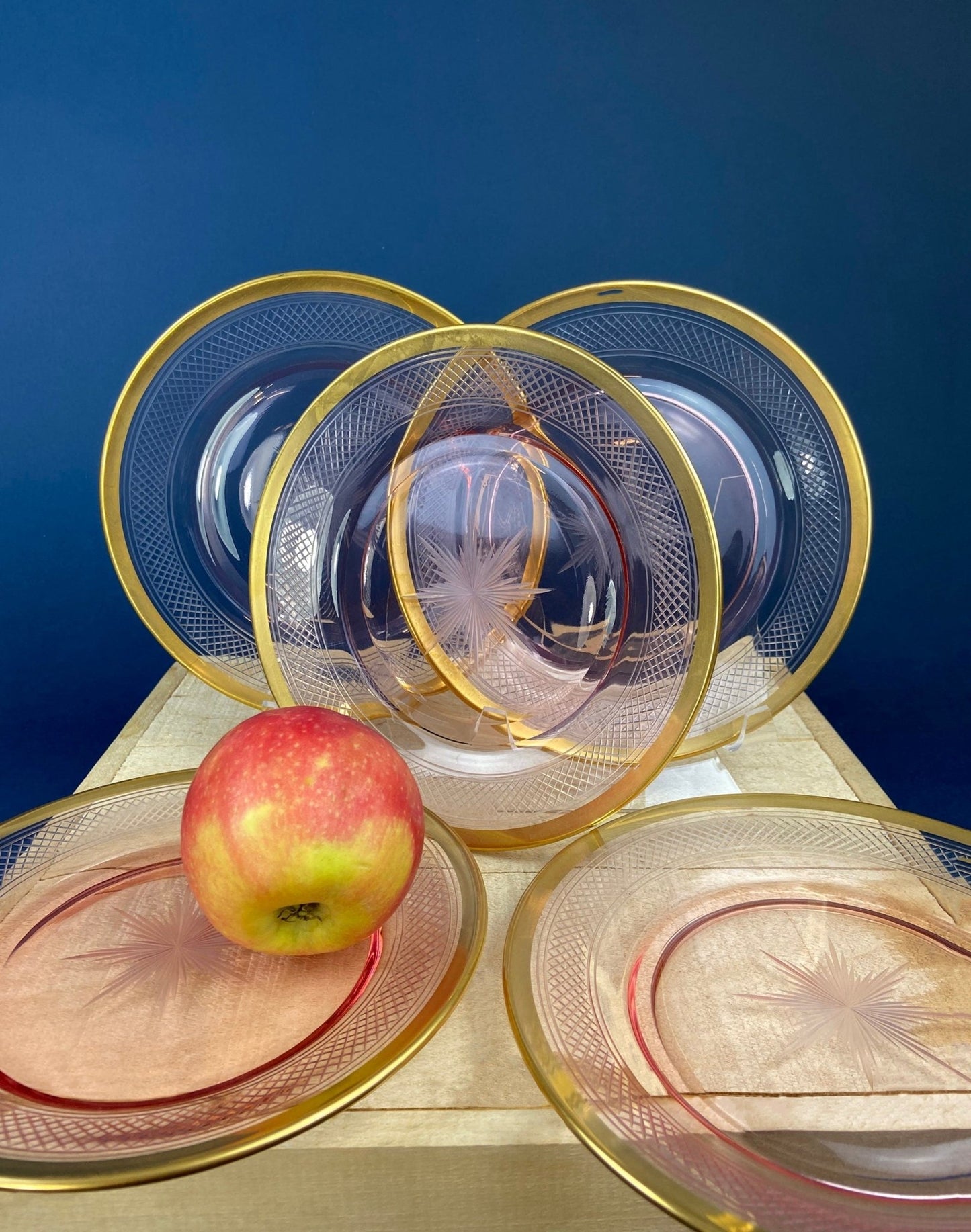 Antique Etched Pink Glass Dessert/Salad Plates With Gold Rims. Set of Five. Etched Star & Waffle Brim. Holiday Dining. Fine Dining. - I Bought a Yard Sale