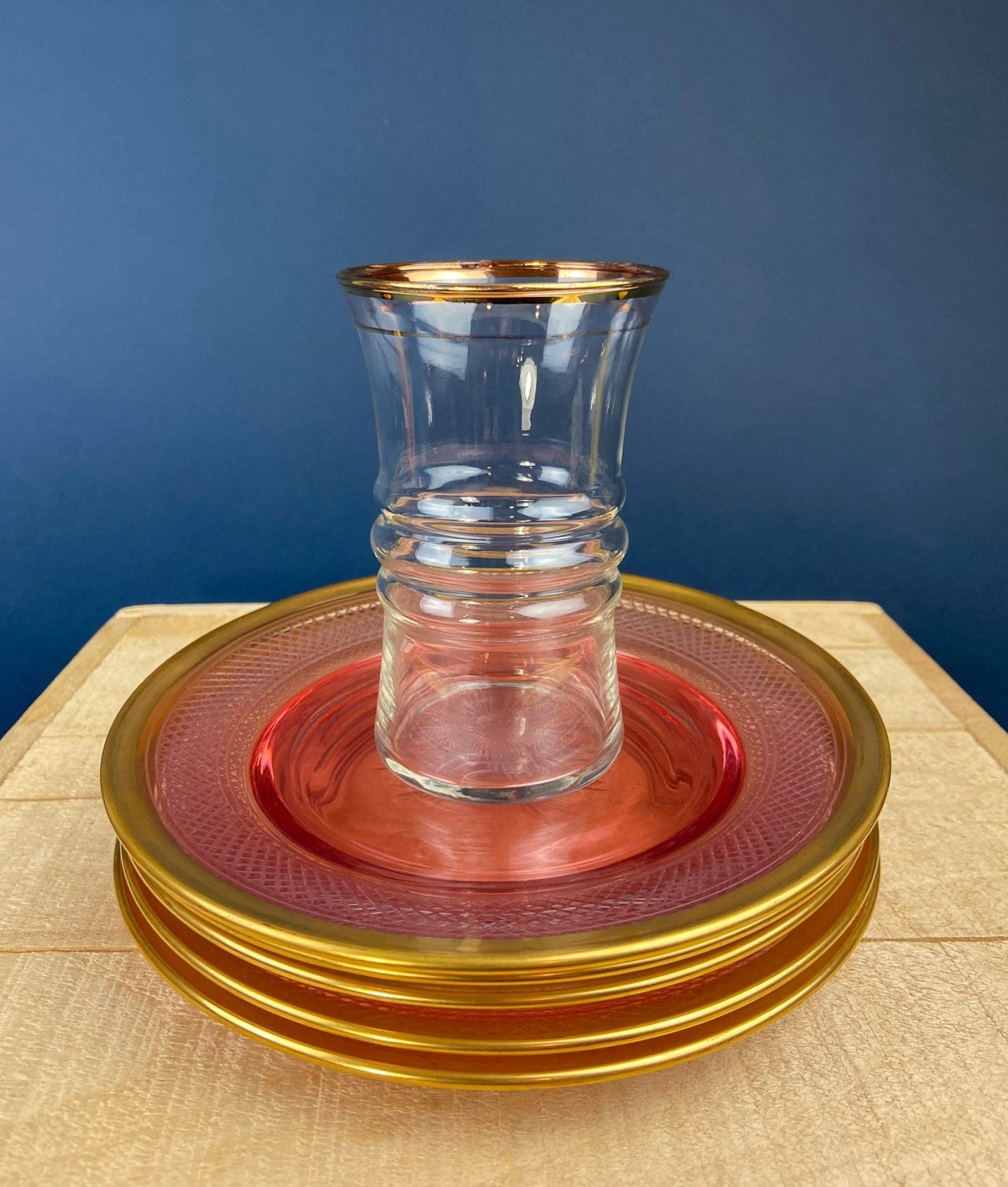 Antique Etched Pink Glass Dessert/Salad Plates With Gold Rims. Set of Five. Etched Star & Waffle Brim. Holiday Dining. Fine Dining. - I Bought a Yard Sale