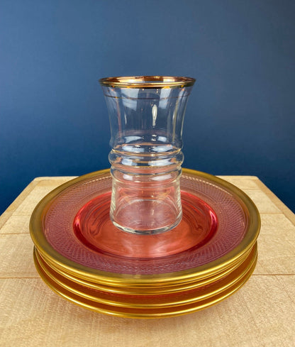 Antique Etched Pink Glass Dessert/Salad Plates With Gold Rims. Set of Five. Etched Star & Waffle Brim. Holiday Dining. Fine Dining. - I Bought a Yard Sale