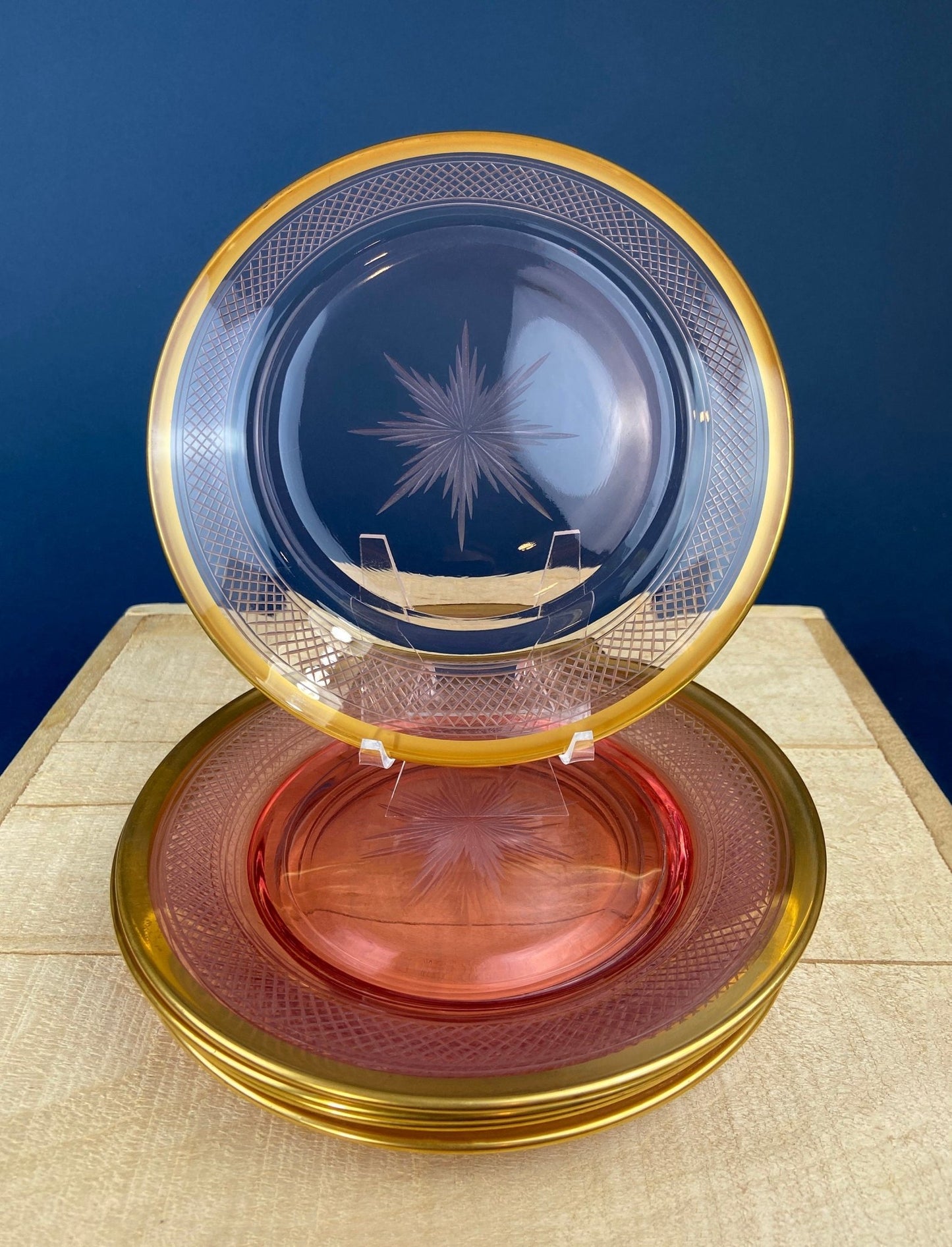 Antique Etched Pink Glass Dessert/Salad Plates With Gold Rims. Set of Five. Etched Star & Waffle Brim. Holiday Dining. Fine Dining. - I Bought a Yard Sale