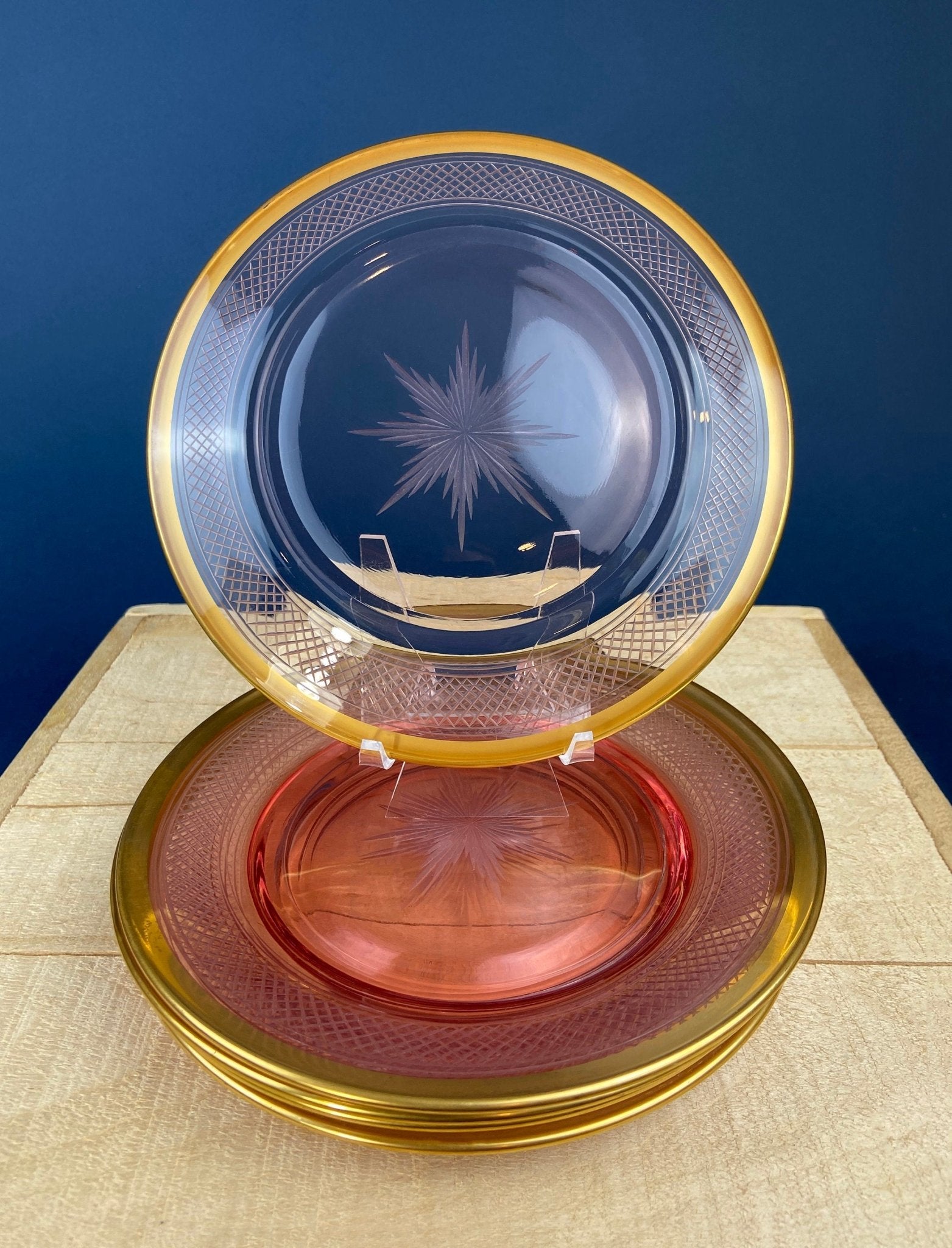 Antique Etched Pink Glass Dessert/Salad Plates With Gold Rims. Set of Five. Etched Star & Waffle Brim. Holiday Dining. Fine Dining. - I Bought a Yard Sale