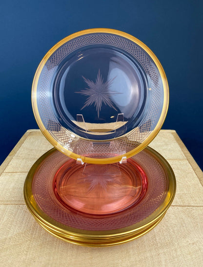 Antique Etched Pink Glass Dessert/Salad Plates With Gold Rims. Set of Five. Etched Star & Waffle Brim. Holiday Dining. Fine Dining. - I Bought a Yard Sale