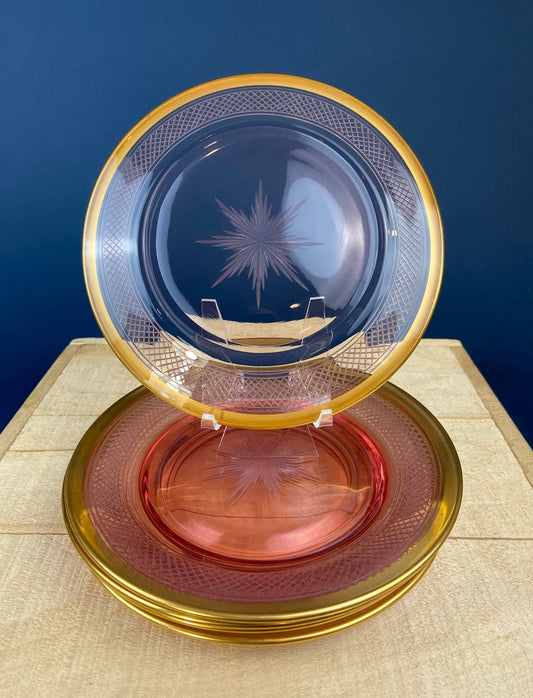Antique Etched Pink Glass Dessert/Salad Plates With Gold Rims. Set of Five. Etched Star & Waffle Brim. Holiday Dining. Fine Dining. - I Bought a Yard Sale