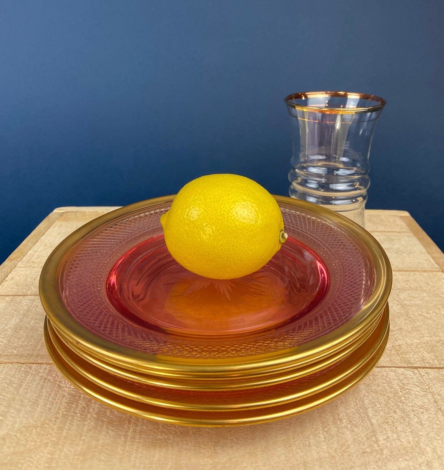 Antique Etched Pink Glass Dessert/Salad Plates With Gold Rims. Set of Five. Etched Star & Waffle Brim. Holiday Dining. Fine Dining. - I Bought a Yard Sale