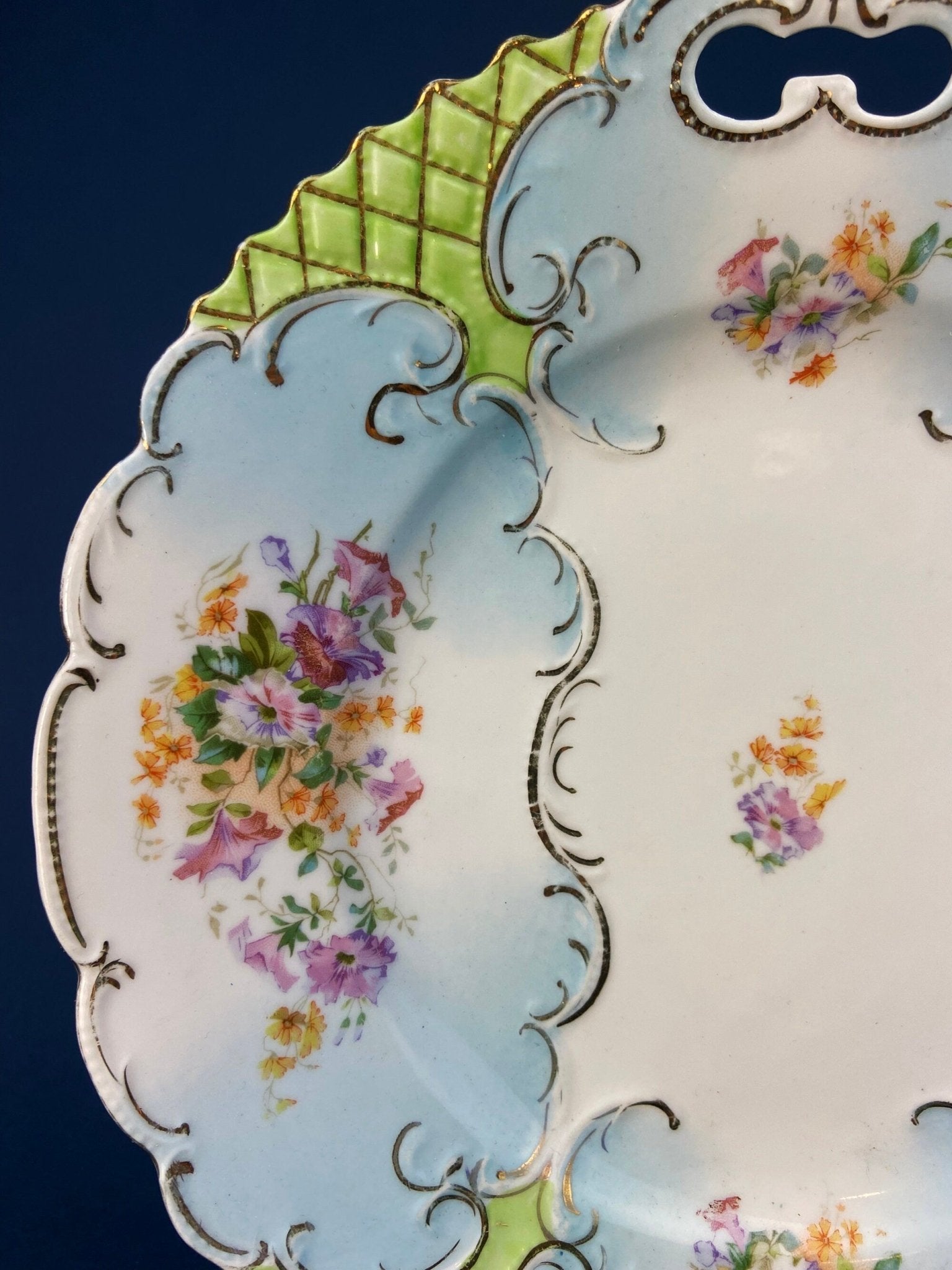 Antique Hand Painted Serving Plate with Gold Lattice. Porcelain Platter with Wild Flowers Motif. - I Bought a Yard Sale